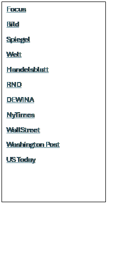 Textfeld: Focus
Bild
Spiegel
Welt
Handelsblatt
RND 
DEWINA
NyTimes
WallStreet
Washington Post
US Today

